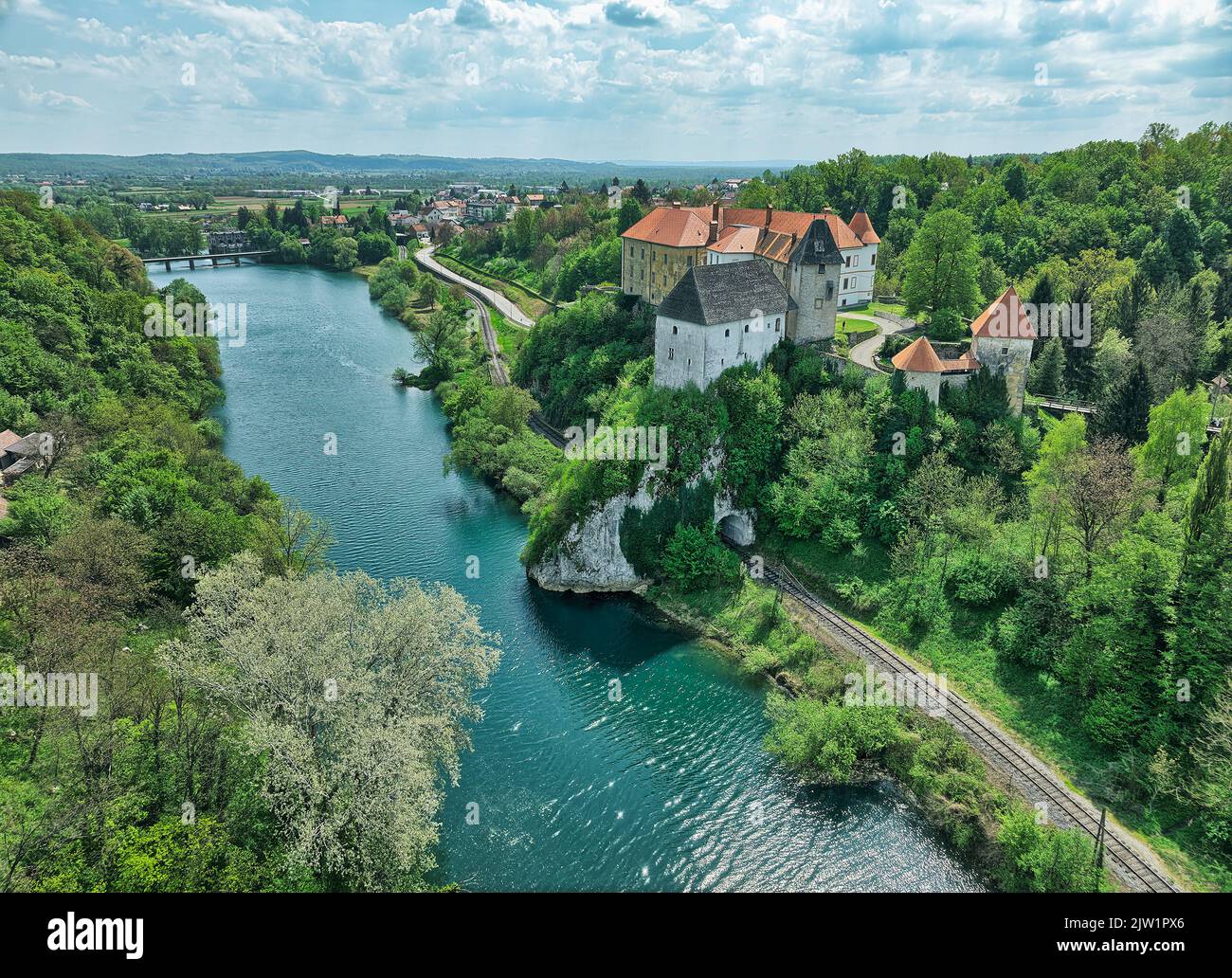 Old Castle and town Ozalj on a cliff over the Kupa Stock Photo