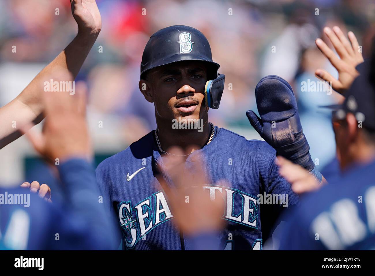 Seattle Mariners' Julio Rodriguez holds a trident in the dugout after  hitting a home run against the Oakland Athletics in a baseball game Monday,  Aug. 28, 2023, in Seattle. (AP Photo/Lindsey Wasson Stock Photo - Alamy