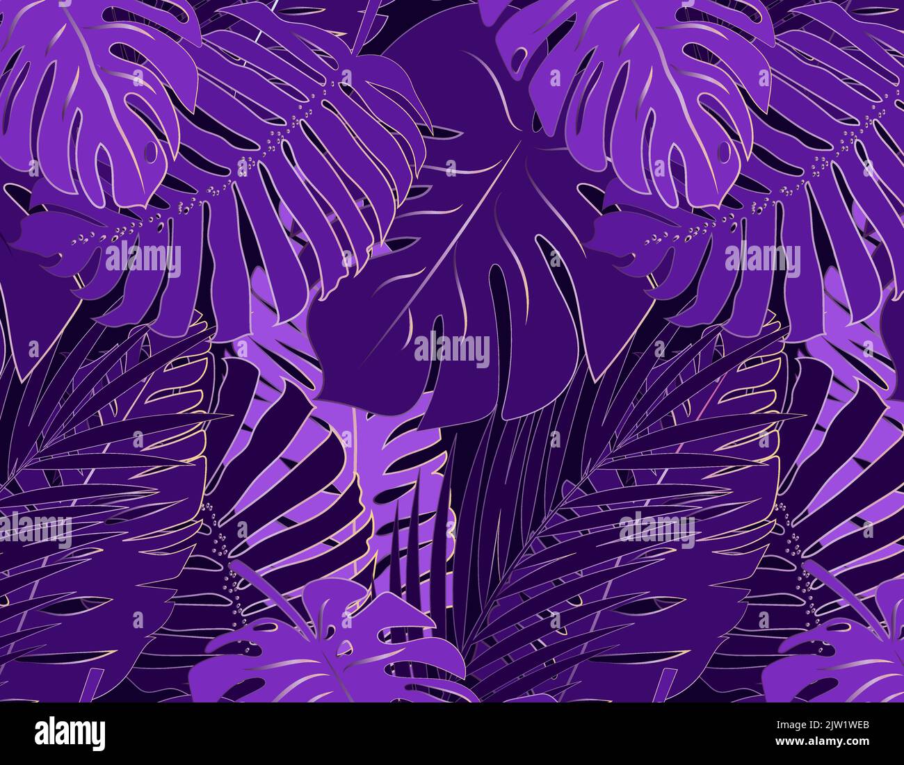Seamless purple pattern monstera and palm leaves. Stock Vector