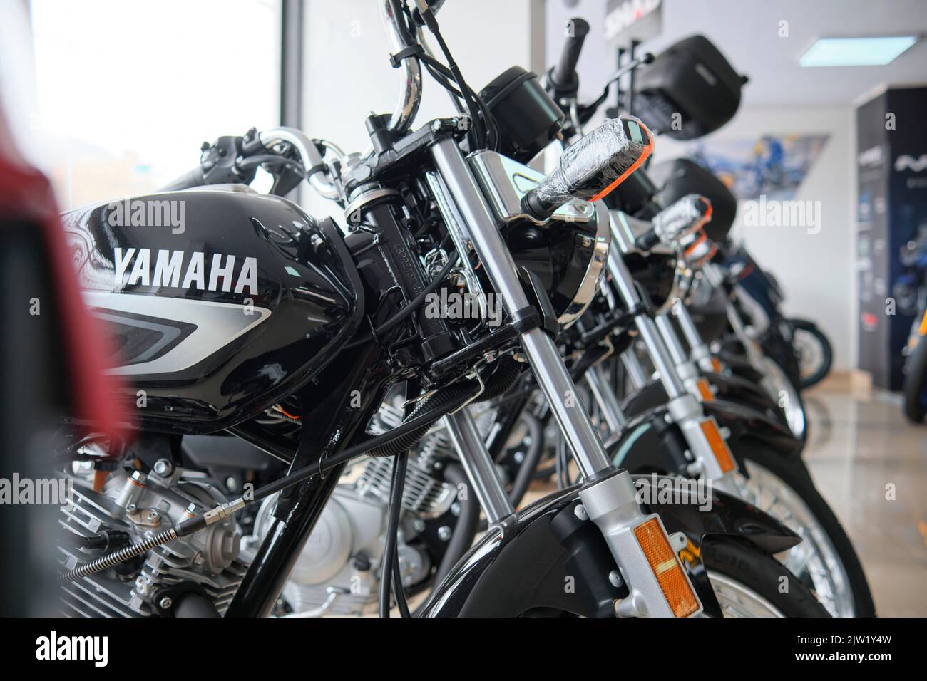 Motorcycles in the showroom Yamaha shop. New motorbikes and accessories