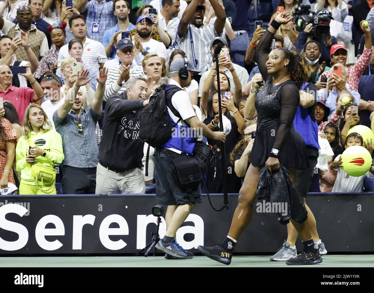 Flushing Meadow, USA. 02nd Sep, 2022. Serena Williams walks off of the court for possibly the last time ever after losing to Ajla Tomljanovic of Australia in 3-sets in the third round at the 2022 US Open Tennis Championships in Arthur Ashe Stadium at the USTA Billie Jean King National Tennis Center in New York City, on Thursday, September 2, 2022. Serena announced last month she will be stepping away from tennis to focus on growing her family and other pursuits. Photo by John Angelillo/UPI Credit: UPI/Alamy Live News Stock Photo