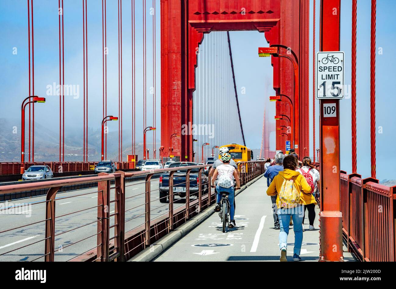Cars, cyclists and pedestrians all crossing The golden Gate Bridge in