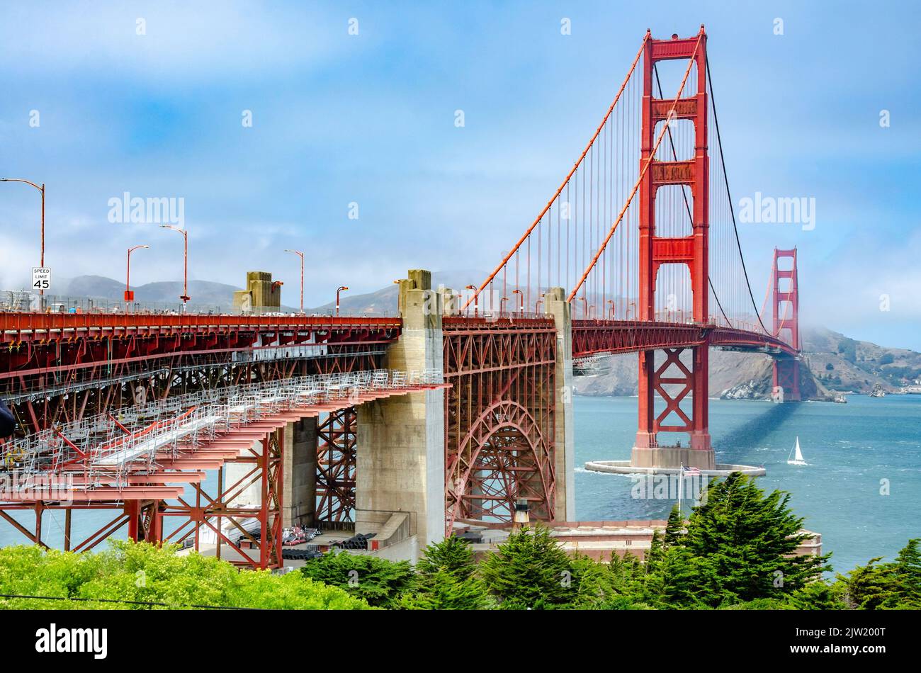 The Golden Gate Bridge in San Francisco, California is an iconic landmark and tourist attraction. Stock Photo