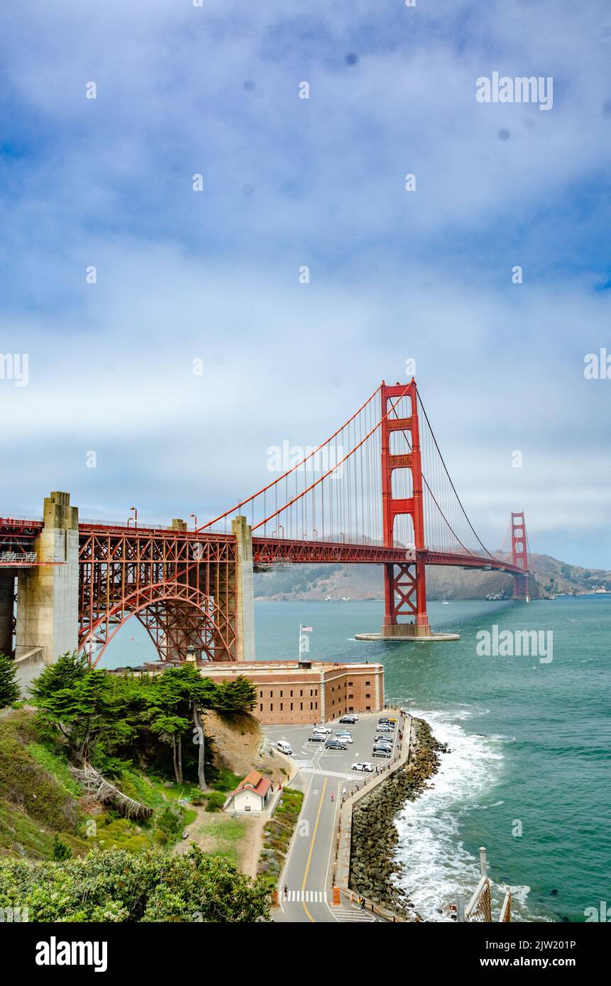 The Golden Gate Bridge in San Francisco, California is an iconic landmark and tourist attraction. Stock Photo