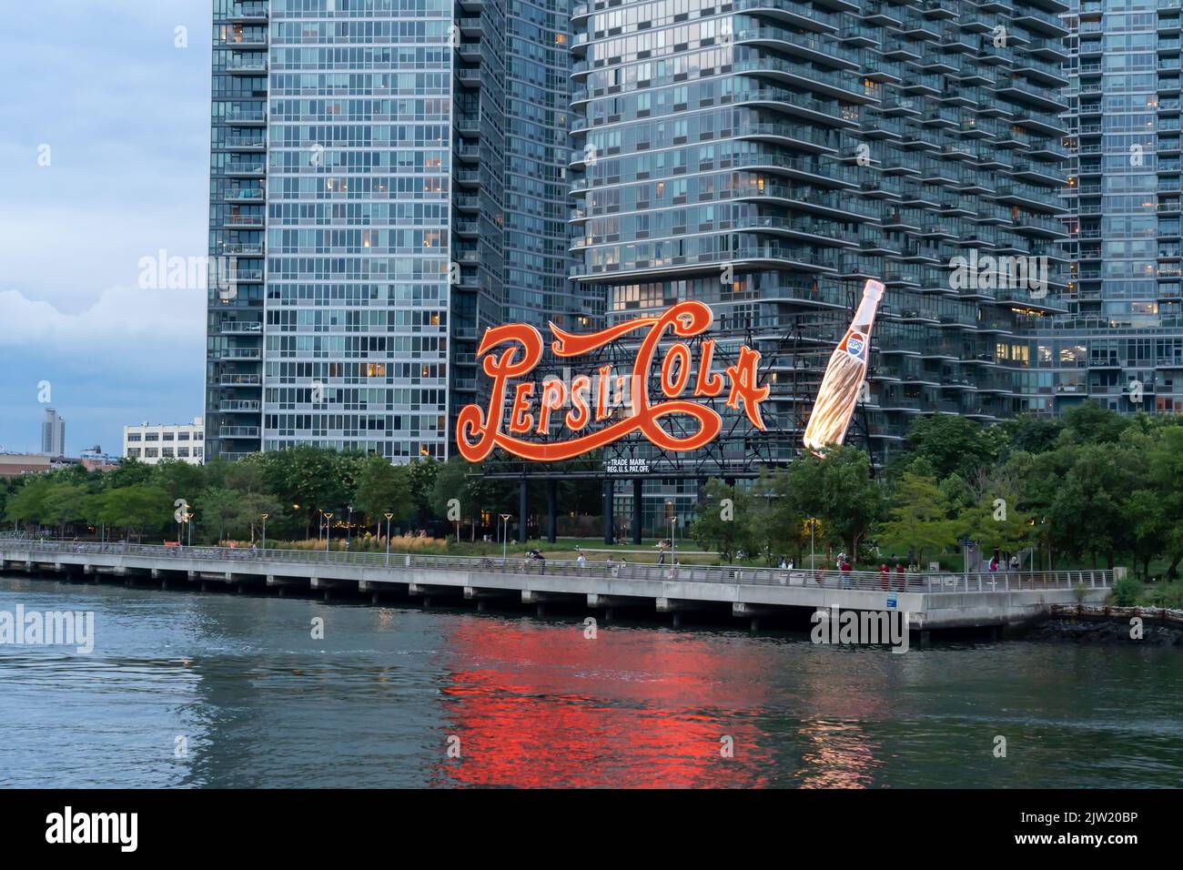 New York City, USA - August 17, 2022: The Pepsi-Cola sign viewed from East River, Manhattan, USA. Stock Photo