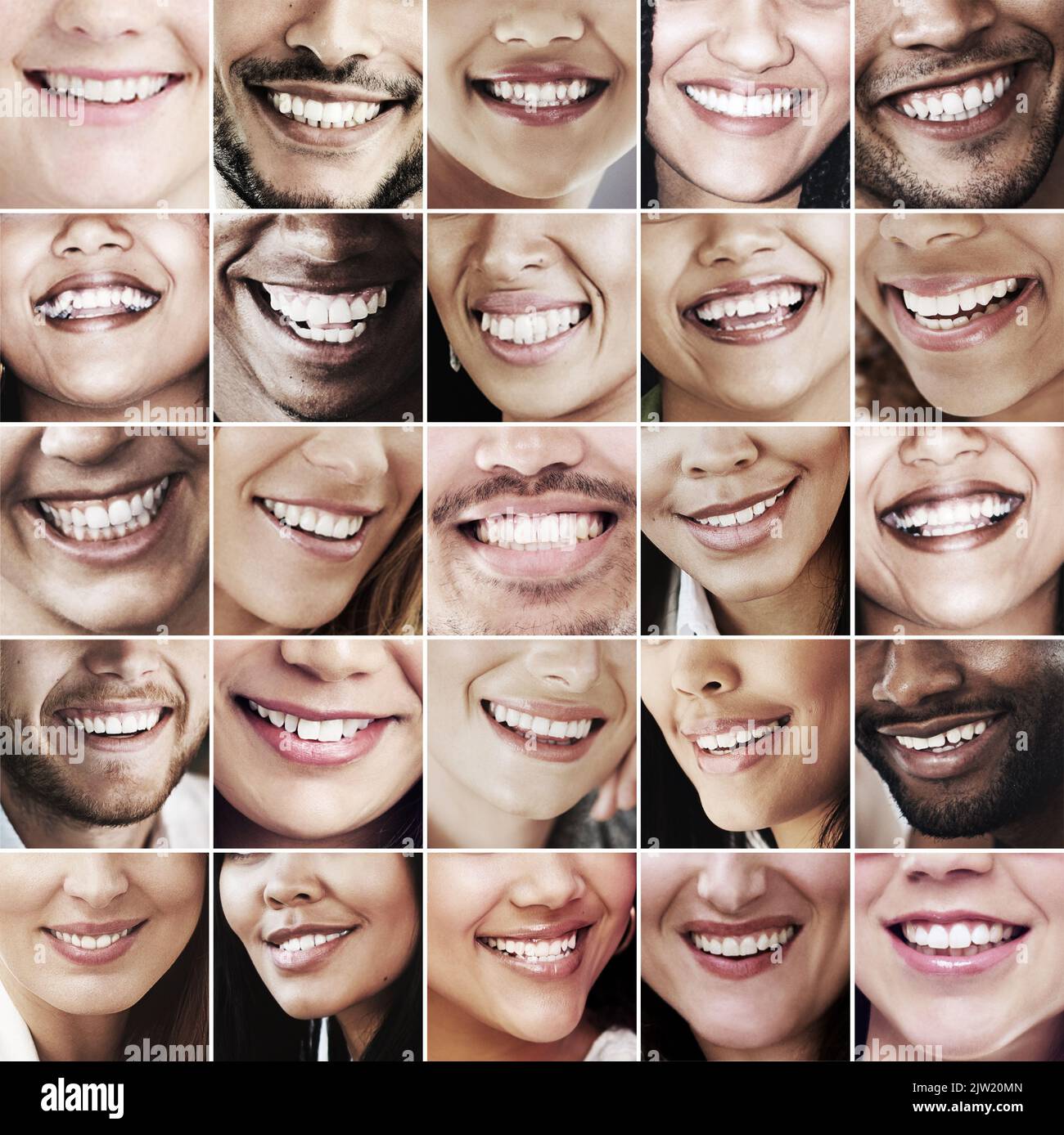 So many smiles. Which one is your favorite. Composite image of an assortment of people smiling. Stock Photo