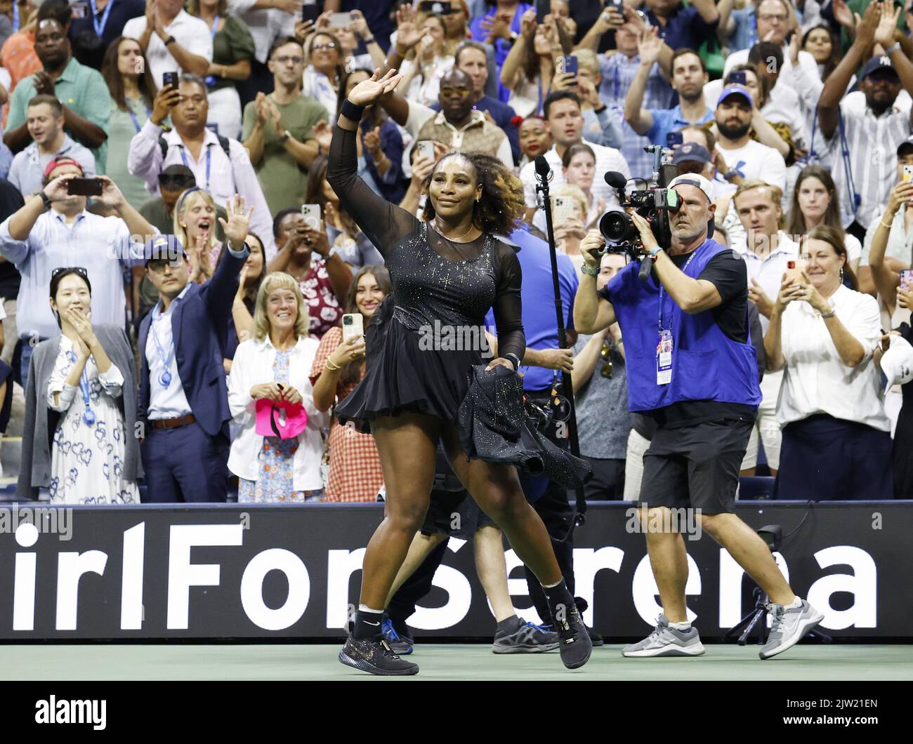 Flushing Meadow, USA. 02nd Sep, 2022. Serena Williams reacts as she walks off of the court for possibly the last time ever after losing to Ajla Tomljanovic of Australia in 3-sets in the third round at the 2022 US Open Tennis Championships in Arthur Ashe Stadium at the USTA Billie Jean King National Tennis Center in New York City, on Friday, September 2, 2022. Serena announced last month she will be stepping away from tennis to focus on growing her family and other pursuits. Photo by John Angelillo/UPI Credit: UPI/Alamy Live News Stock Photo
