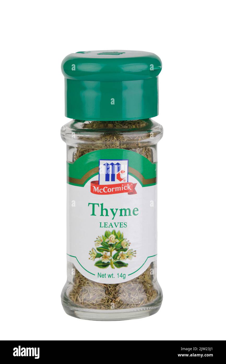 Louisville, KY, America August 15, 2022 A bottle of Thyme Leaves isolated on a white background Stock Photo