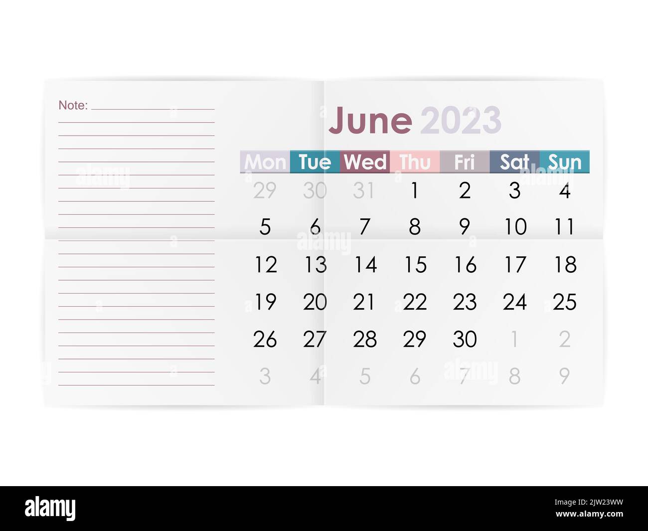 Calendar June 2023 on a white background. Vector illustration. Stock Photo