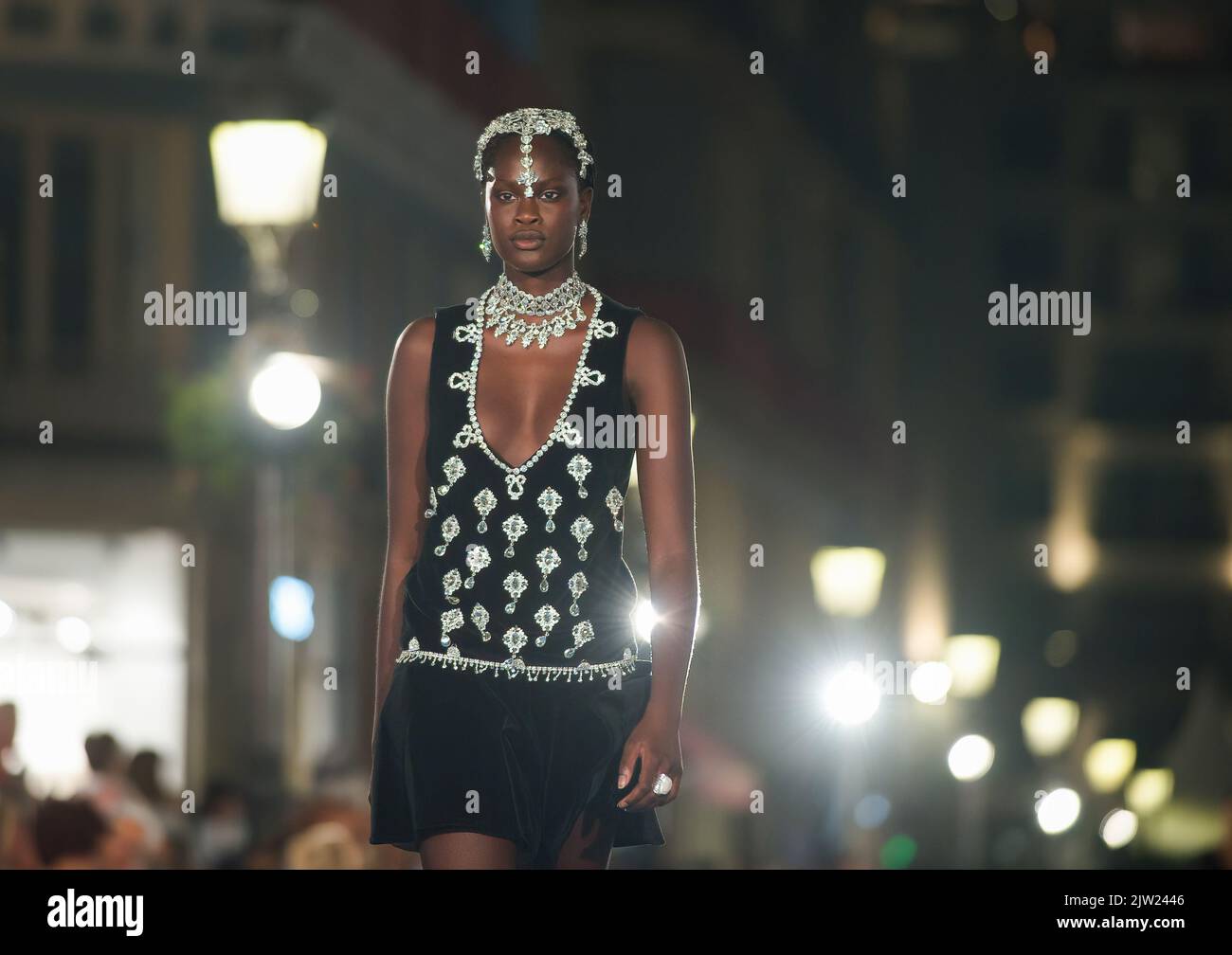 Malaga, Spain. 02nd Sep, 2022. A model presents a creation of fashion designer Pepe Canela as she takes part in the 'Larios Malaga Fashion Week Catwalk' at Marques de Larios street. For two days, Malaga city welcomes the XI edition of Larios fashion catwalk, where fashion firms will walk through it main street with more than 300 metres. In this edition fashion designer Agatha Ruiz de la Prada and fashion designers Victorio & Lucchino will be the main guests. Credit: SOPA Images Limited/Alamy Live News Stock Photo