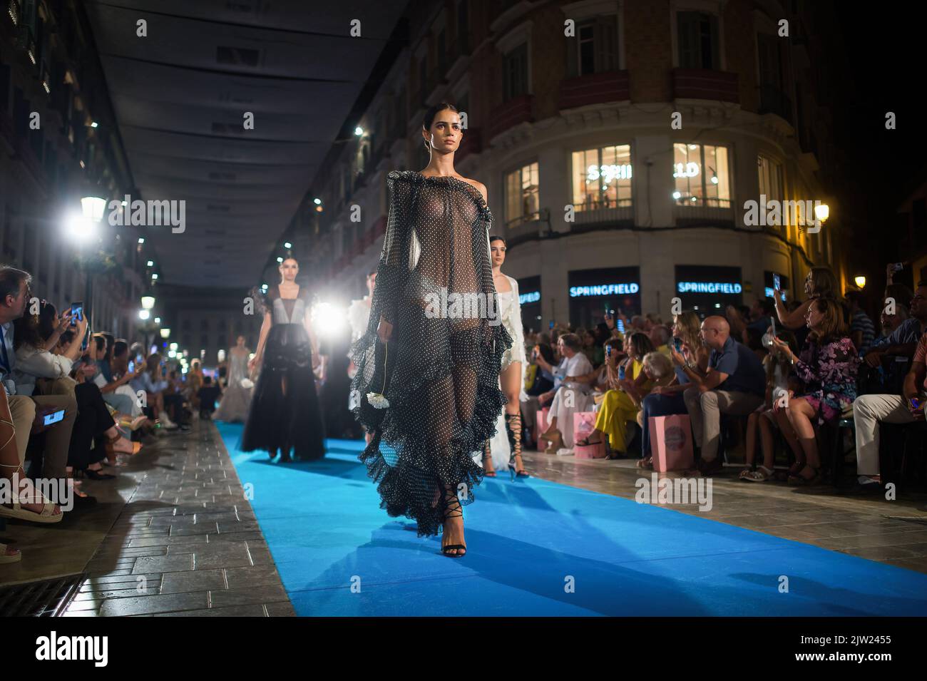 Malaga, Spain. 02nd Sep, 2022. A model presents a creation of fashion designers Victorio & Lucchino as she takes part in the 'Larios Malaga Fashion Week Catwalk' at Marques de Larios street. For two days, Malaga city welcomes the XI edition of Larios fashion catwalk, where fashion firms will walk through it main street with more than 300 metres. In this edition fashion designer Agatha Ruiz de la Prada and fashion designers Victorio & Lucchino will be the main guests. Credit: SOPA Images Limited/Alamy Live News Stock Photo