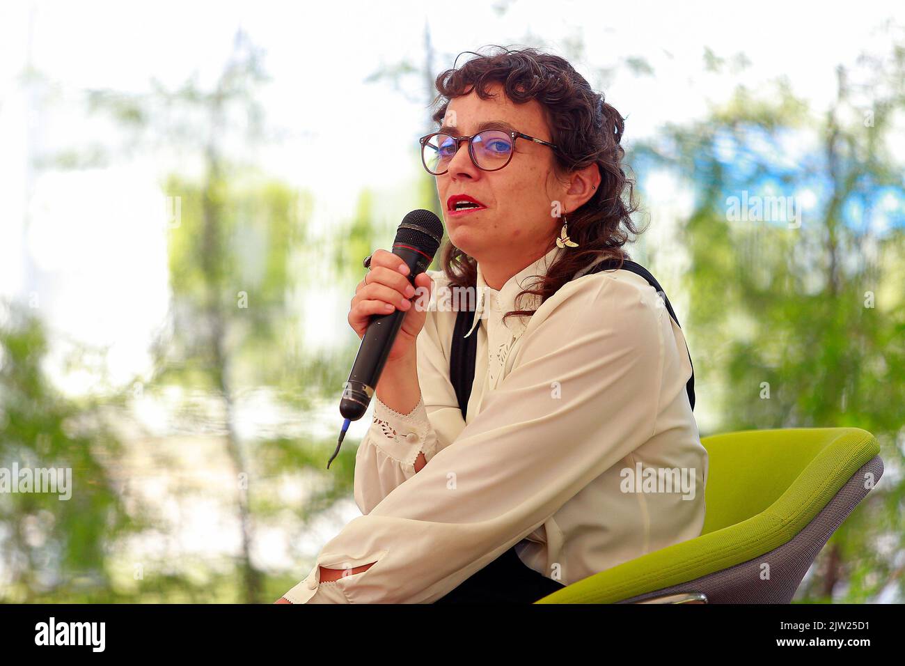 Queretaro, Mexico. 02nd Sep, 2022. Paulina Macias speaks during day 3 of the 'Hay Festival Queretaro' at Tecnologico de Monterrey campus Queretaro. The Hay Festival Querétaro is a cultural and ideas festival for all audiences that celebrates the arts and sciences through inclusive, accessible and playful events. Credit: SOPA Images Limited/Alamy Live News Stock Photo