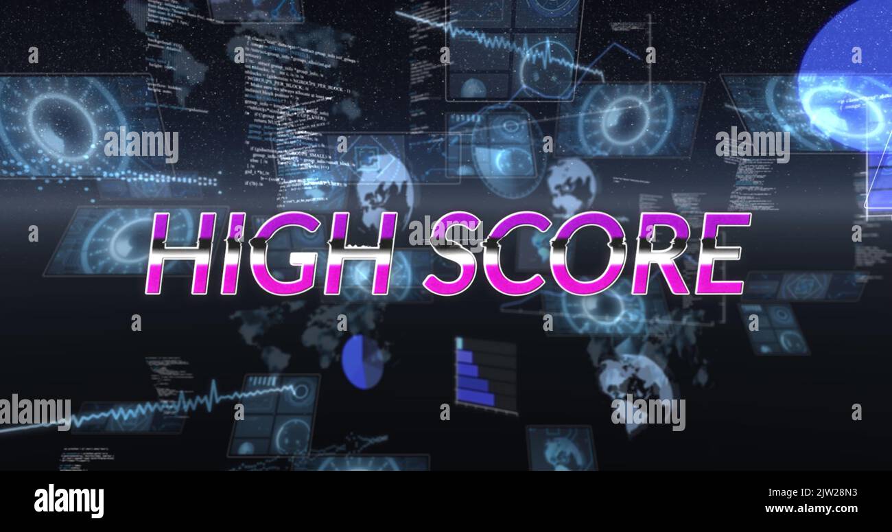 Image of high score text and data processing on black background Stock Photo