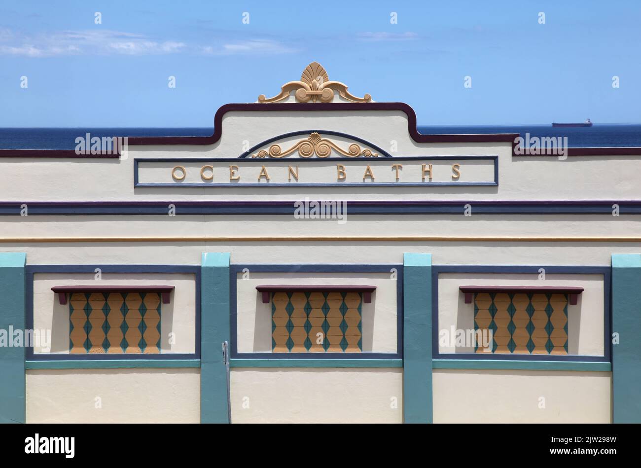 The main facade of the Newcastle Ocean Baths. This art deco style facade is one of Newcastle's famous landmarks. Construction of the complex began in Stock Photo