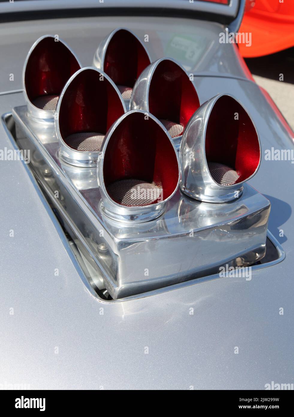 A fancy air intake arrangement on a classic hotrod. Stock Photo