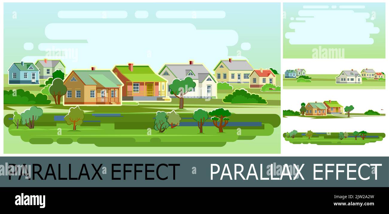 Outskirts of village. Suburb with small one-story and high-rise buildings. Image from layers for overlay with parallax effect. Cozy place of residence Stock Vector