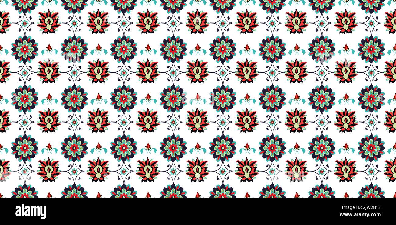 Ikat folklore ornament with floral motif. Vector seamless pattern design Stock Photo