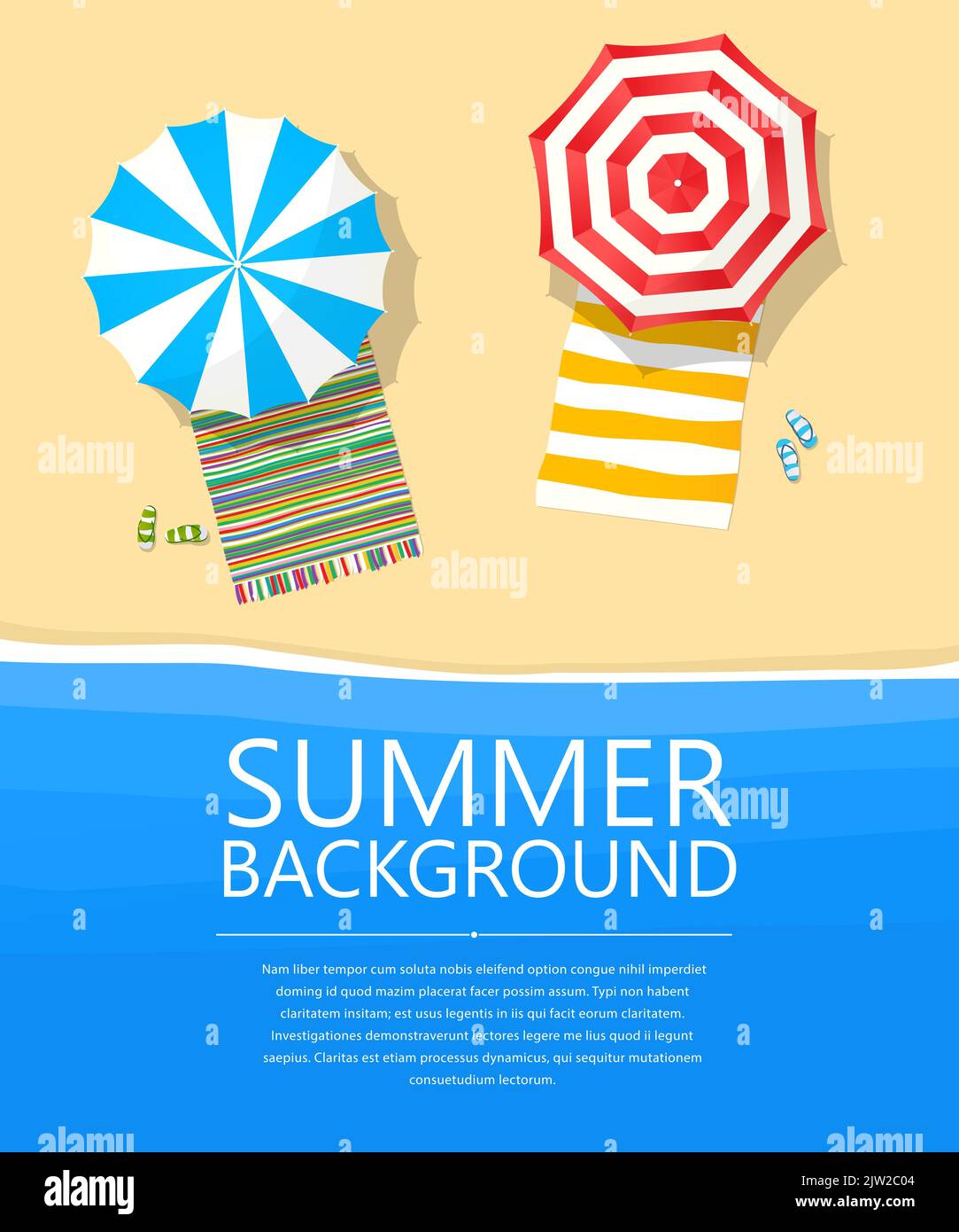 Vector beach card with umbrellas, towels and waves Stock Photo - Alamy