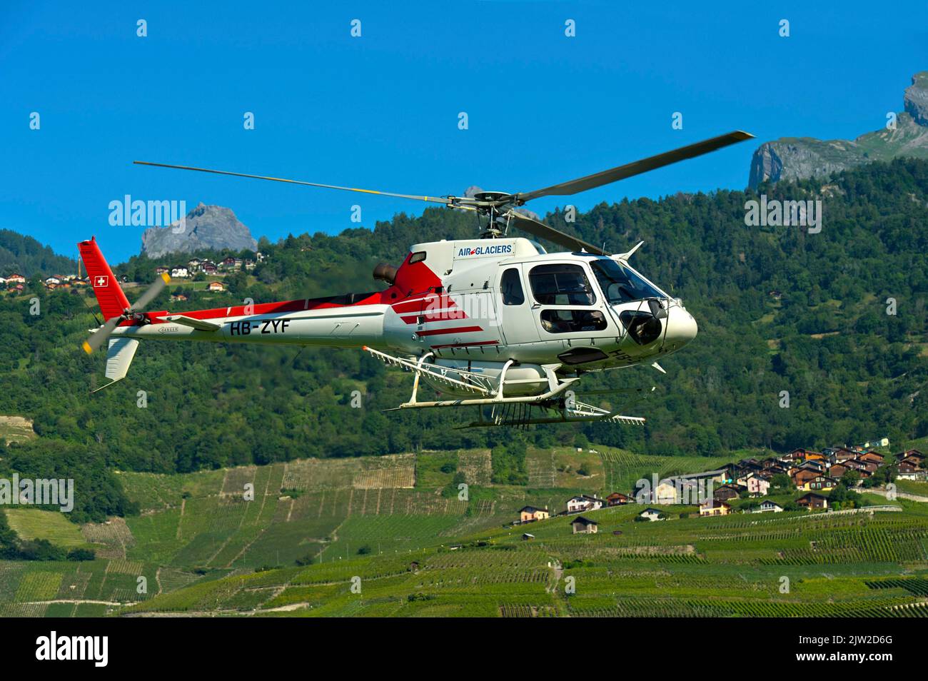 Helicopter Eurocopter AS350 B2 Ecureuil of Air-Glaciers SA flying over the wine growing area of Leytron at the foot of the Swiss Alps, Leytron Stock Photo