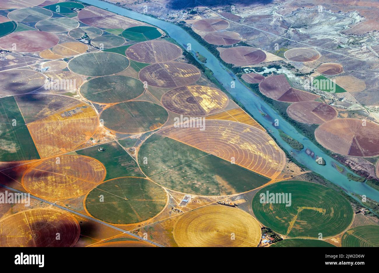 Irrigation of fields on the Orange River in South Africa Stock Photo