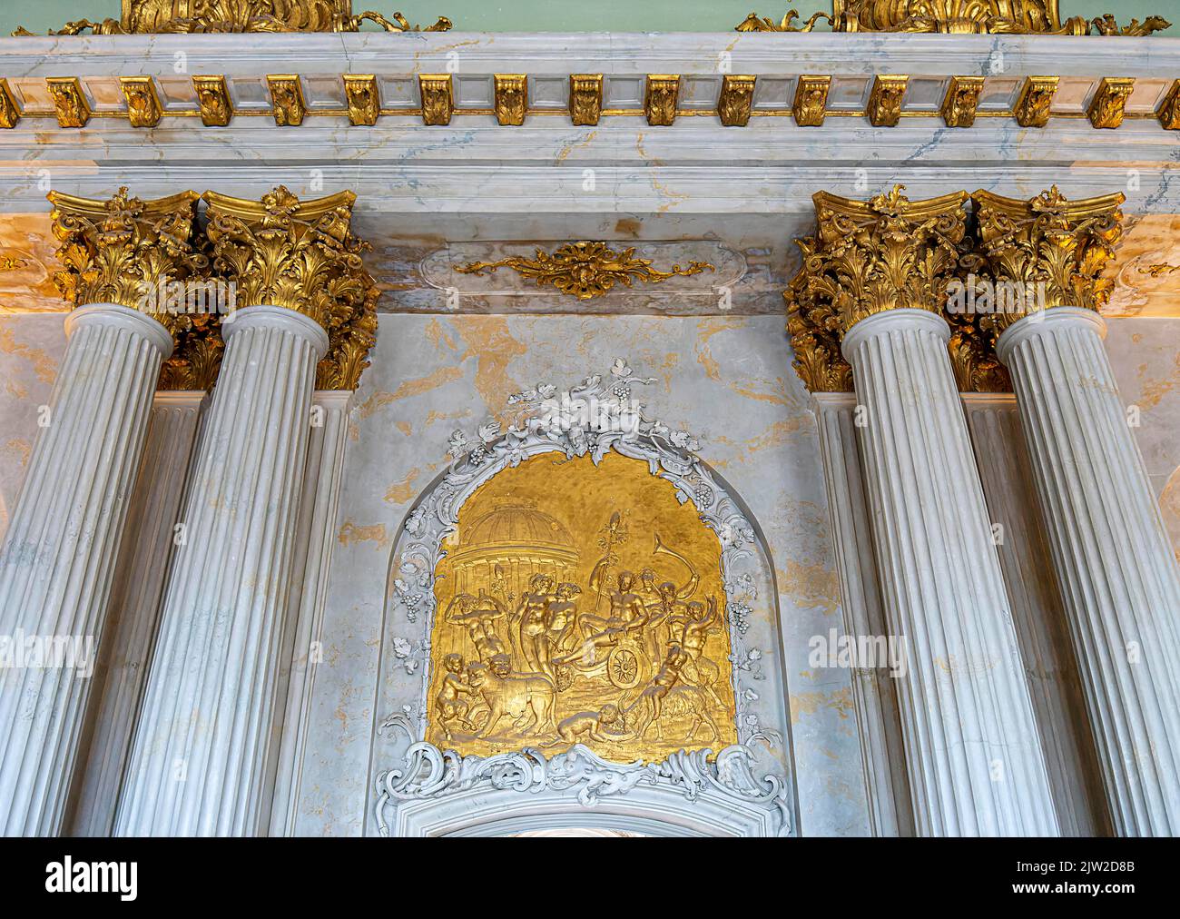 Gilded wall ornaments, Marble Hall, Sanssouci Palace, Potsdam, Brandenburg, Germany Stock Photo
