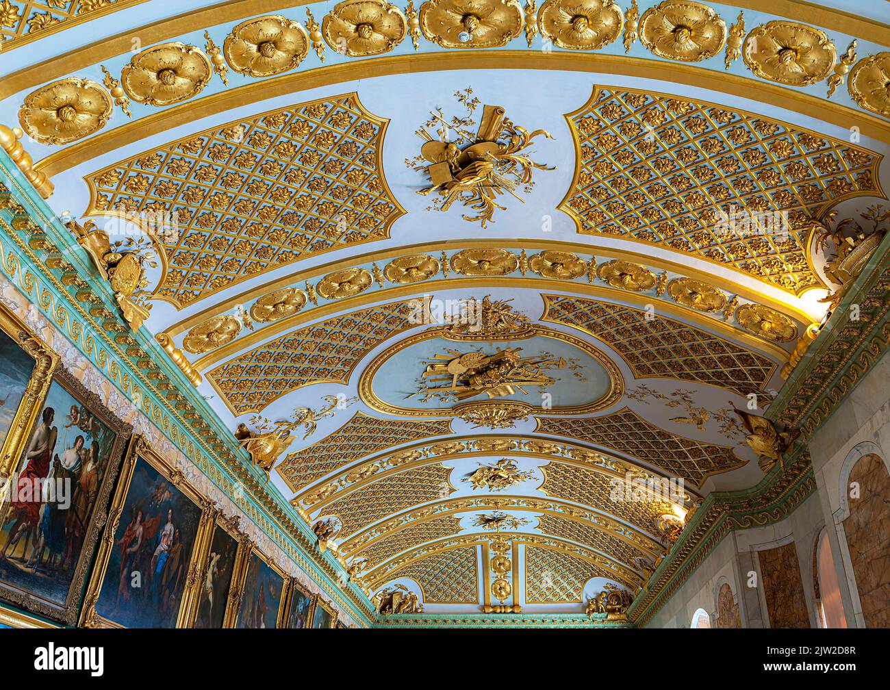 Ceiling vault with gilded ornaments in the Gallery Hall of the Picture Gallery in Sanssouci, Potsdam, Brandenburg, Germany Stock Photo