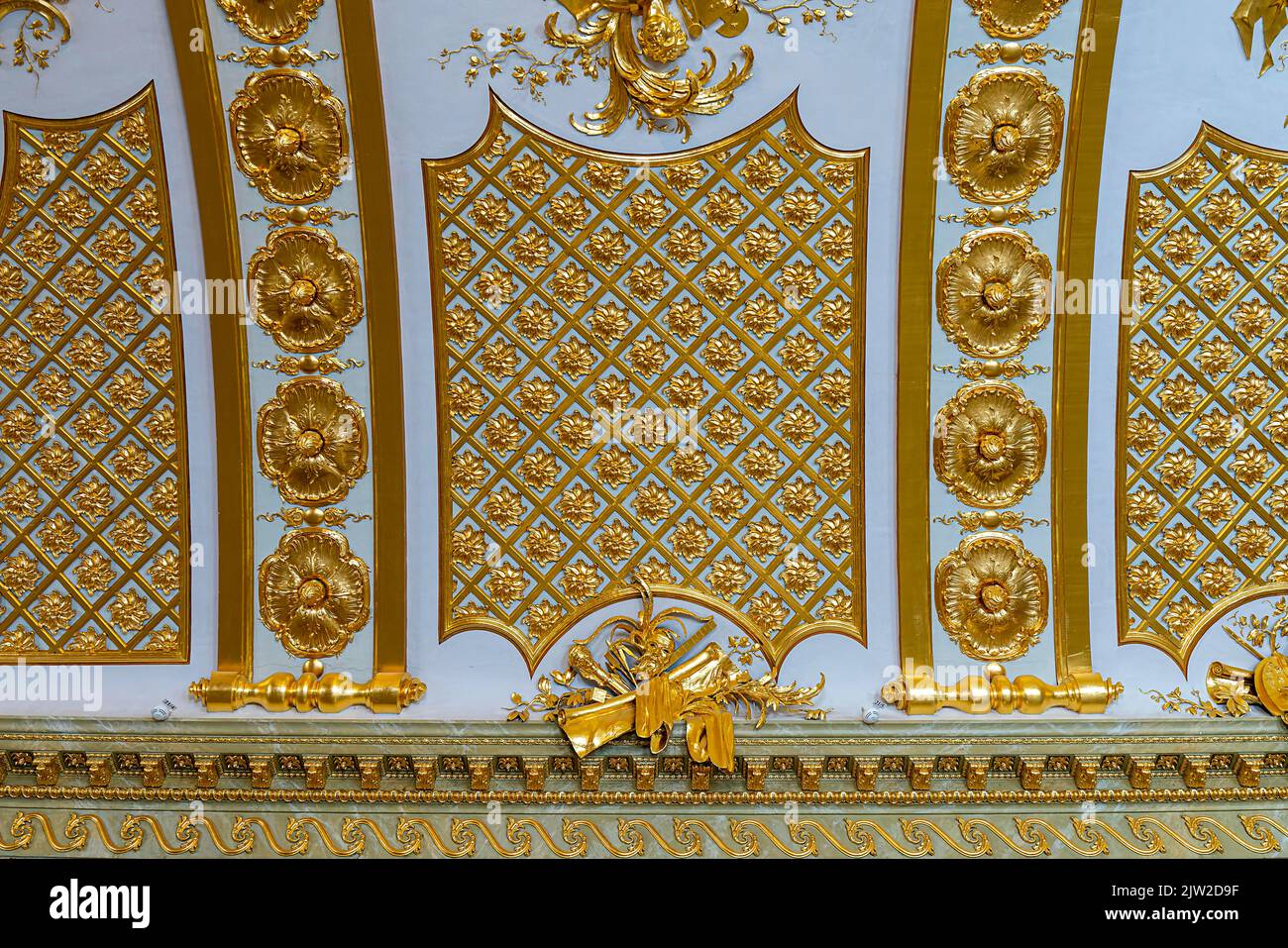 Ceiling vault with gilded ornaments in the Gallery Hall of the Picture Gallery in Sanssouci, Potsdam, Brandenburg, Germany Stock Photo