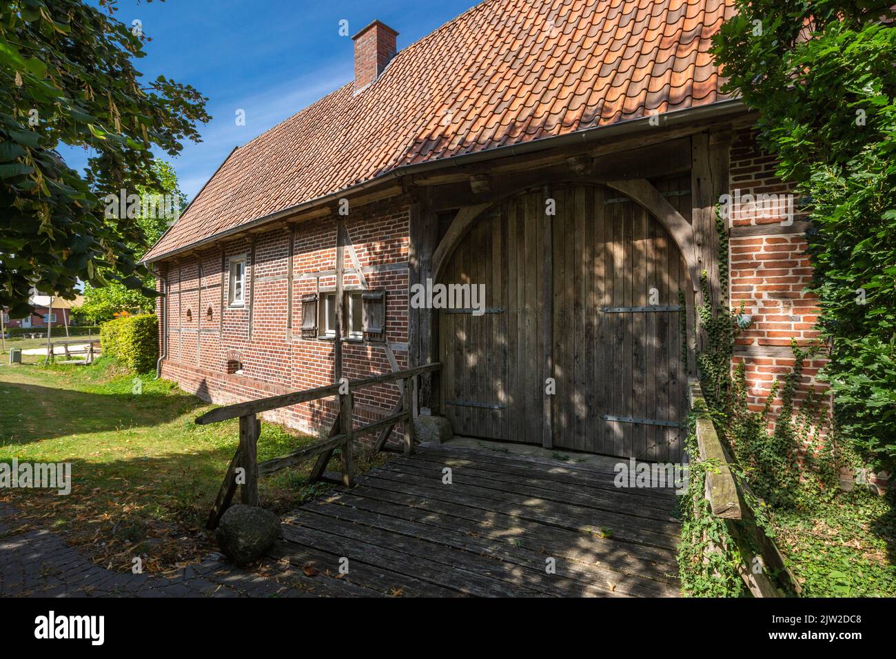 Germany, Rosendahl, Baumberge, Westmuensterland, Muensterland, Westphalia, North Rhine-Westphalia, NRW, Rosendahl-Holtwick, gatehouse of the Holtwick House, former Niederungsburg from the Middle Ages, half-timbered Stock Photo