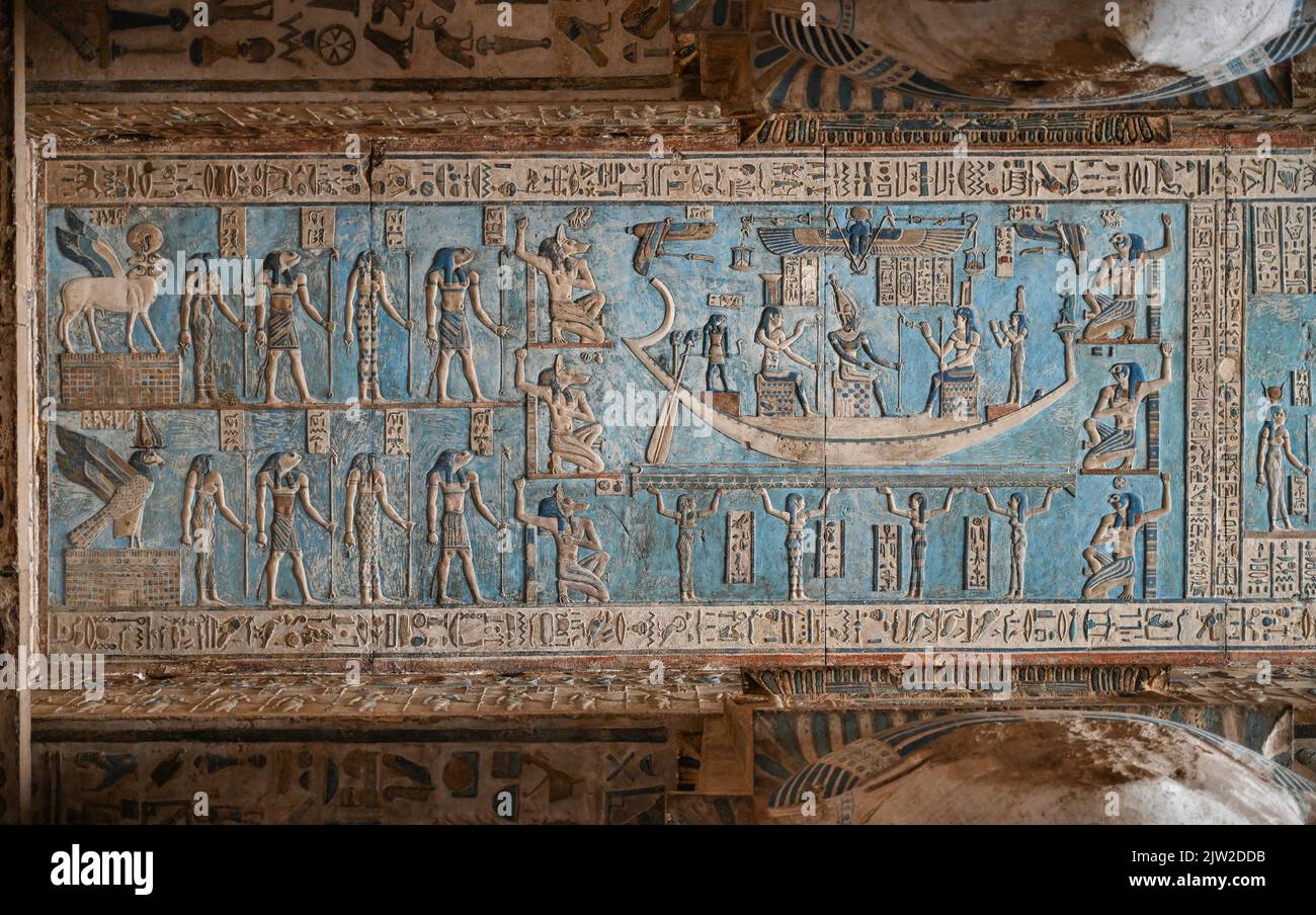 Ceiling relief, large Pronaos vestibule, Temple of Hathor, Dendera, Qina, Egypt Stock Photo