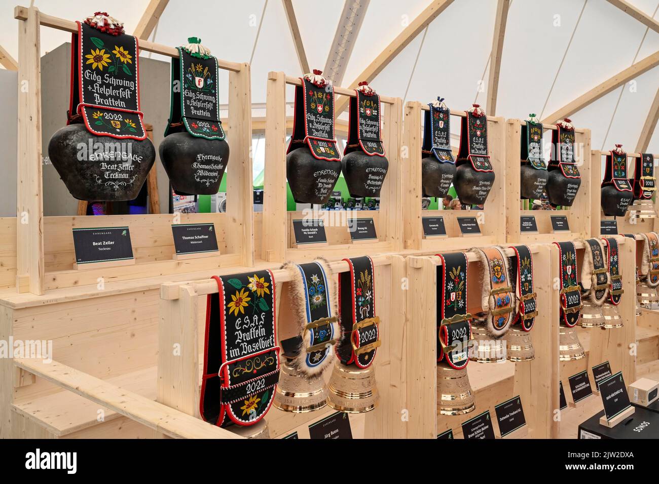 Temple of gifts Gifts of honour Pigeons and bells with embroidery, ESAF Eidgenoessisches Schwing und Aelplerfest, Schwingen, Pratteln, Switzerland Stock Photo