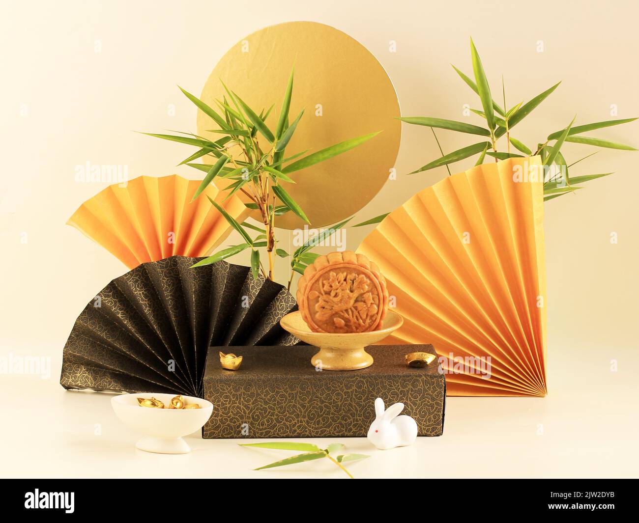 Traditional Mooncake or Yuebing for Mid Autumn Festival Snack, Concept Moon Viewing Stock Photo