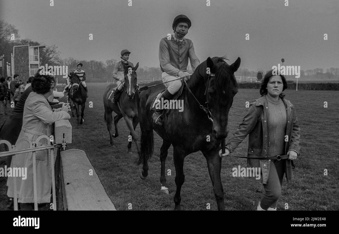 GDR, Berlin, 24. 4. 1983, Horse race at the trotting track, Berlin-Karlshorst, Jockey Stock Photo