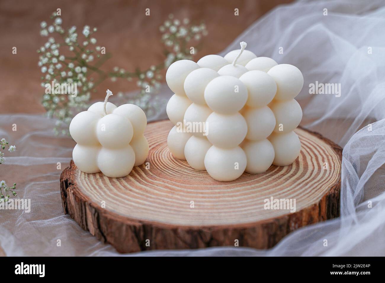 Soy handmade candles. Two natural white bubble candles. Decor Stock ...