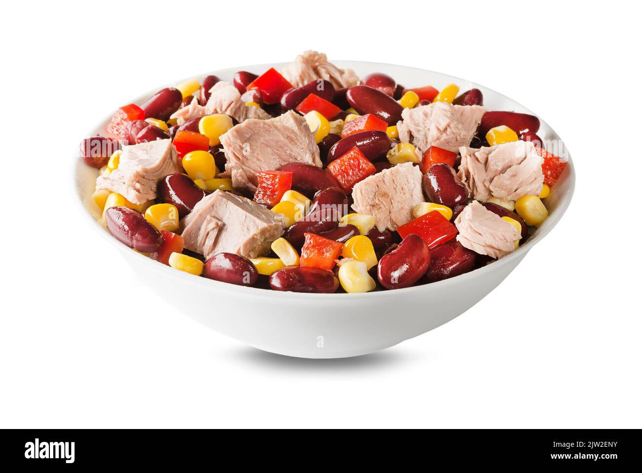 Healthy tuna salad with corn, peppers and beans isolated on white