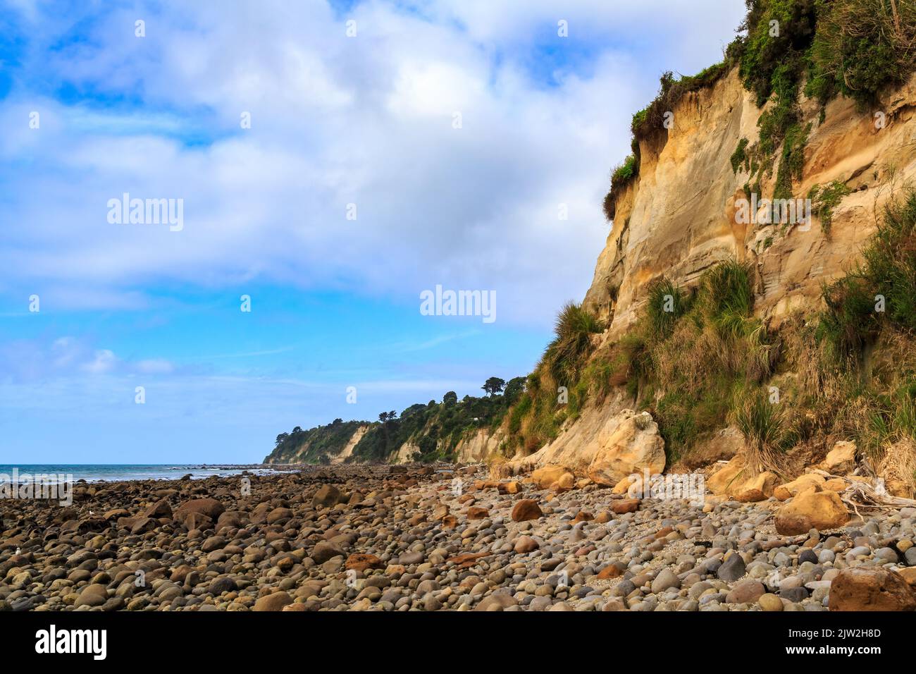 Coastal cliffs and a stony beach at Maketu in the Bay of Plenty, New Zealand Stock Photo