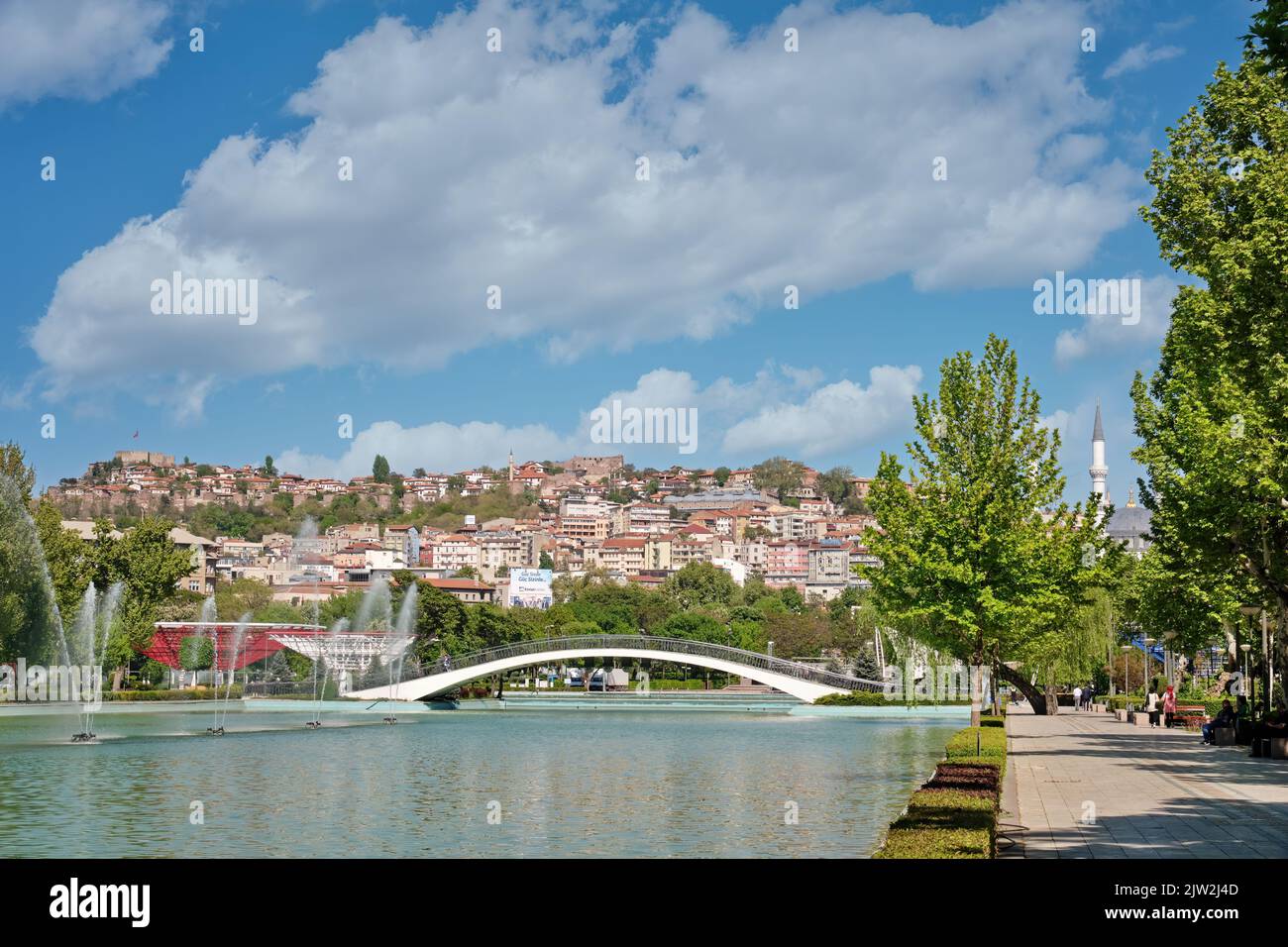 View from the pond at Genclik Parki, a public park with cultural center, youths' center, theme park and convention halls at the center of Ankara. Stock Photo