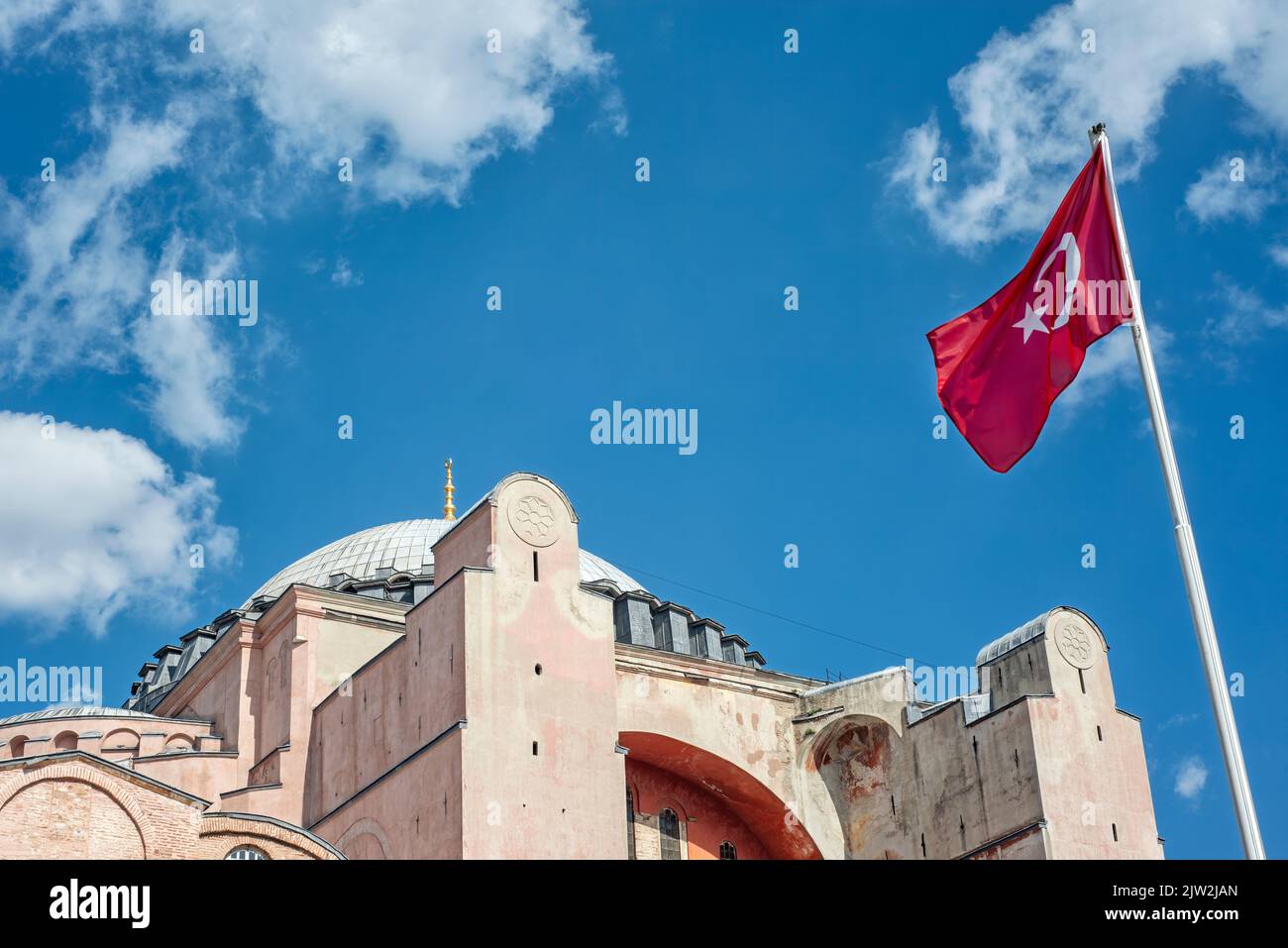 Hagia Sophia Mosque With Turkish Flag Stock Photo