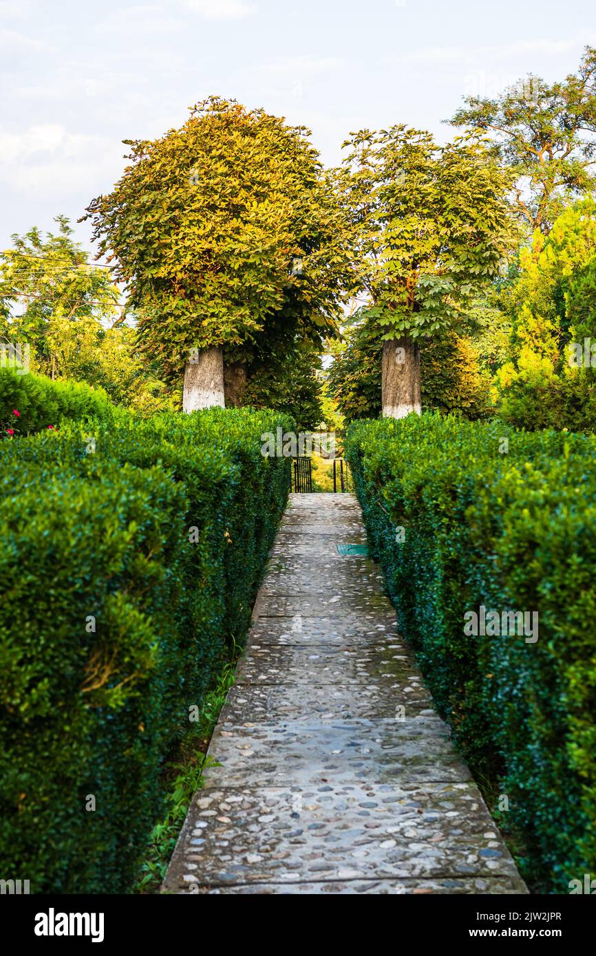 Gardens of Dealu Monastery (Manastirea Dealu) located on the hills of Targoviste mountains Stock Photo