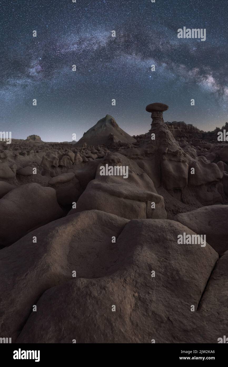Starry Rocks Unusual rock formations located against magnificent starry sky at night ...