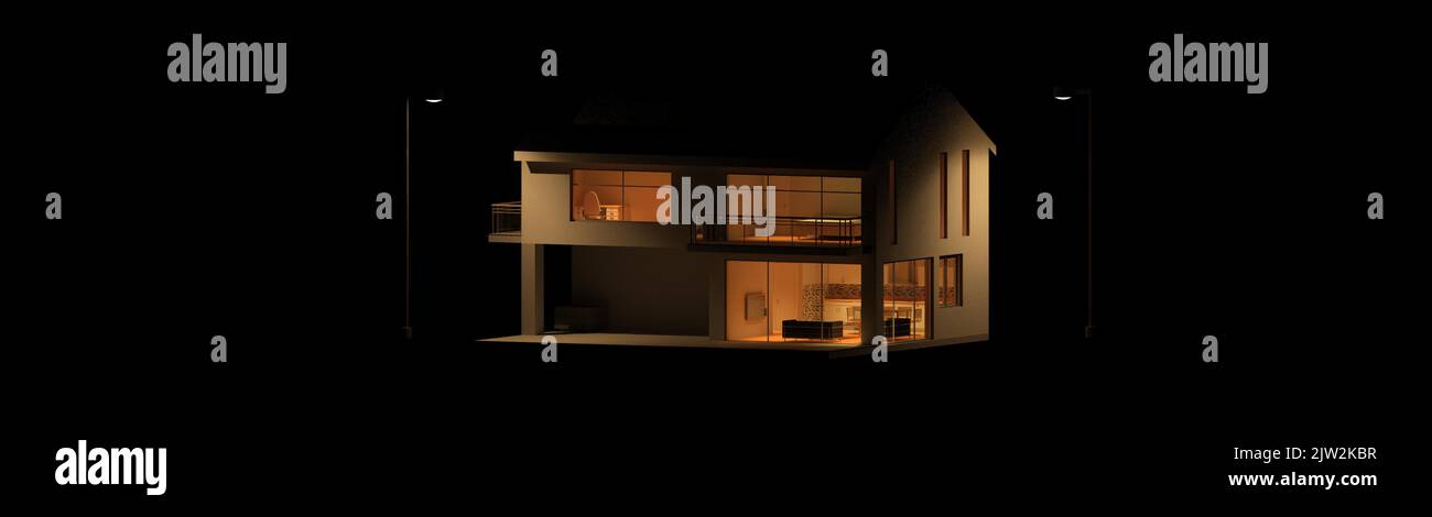 3d render of house at night with the lights turned on black background Stock Photo