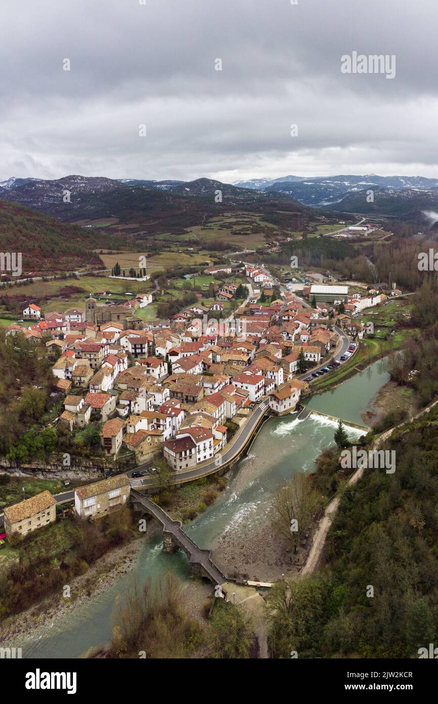 Basque Valley Picturesque aerial view of small Zarautz town with typical red roofed ...