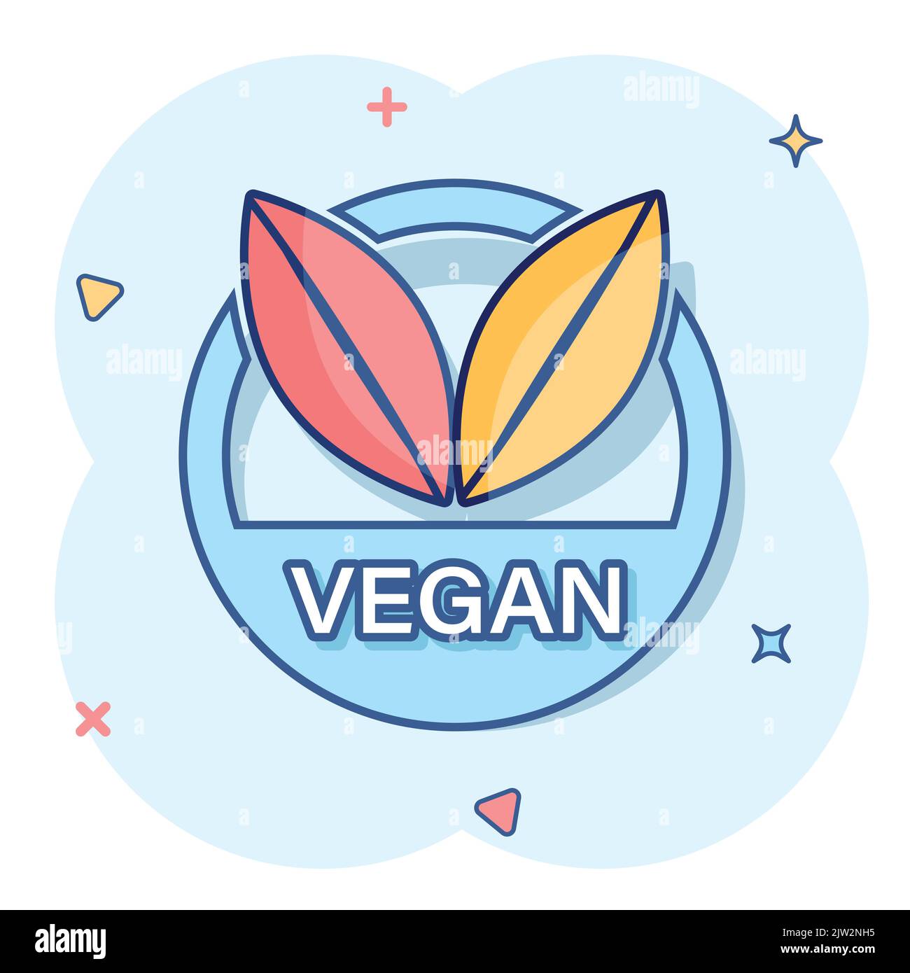 Vector cartoon vegan label badge icon in comic style. Vegetarian stamp ...