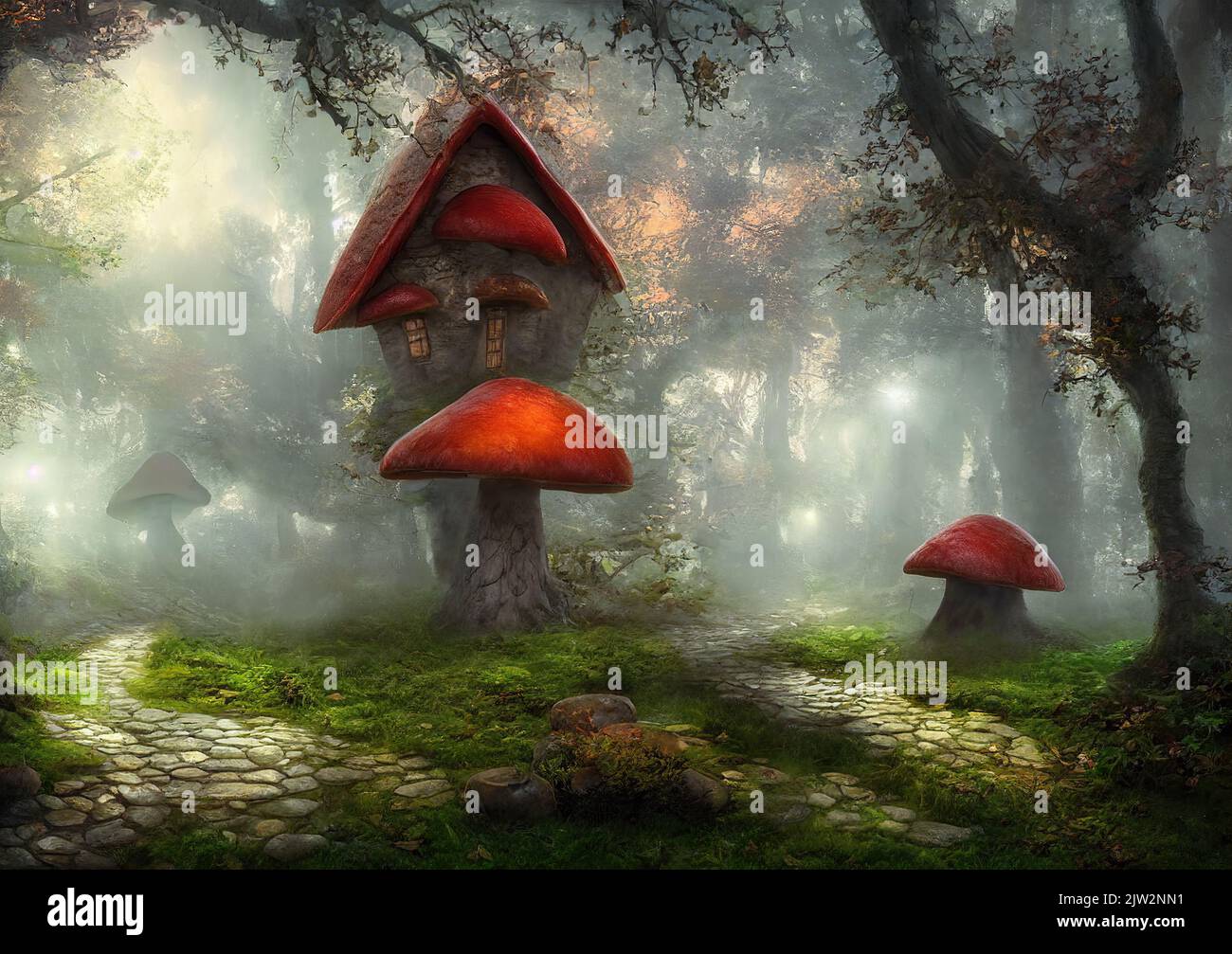 3d rendering of fantasy mushroom cottages in magical forest Stock Photo