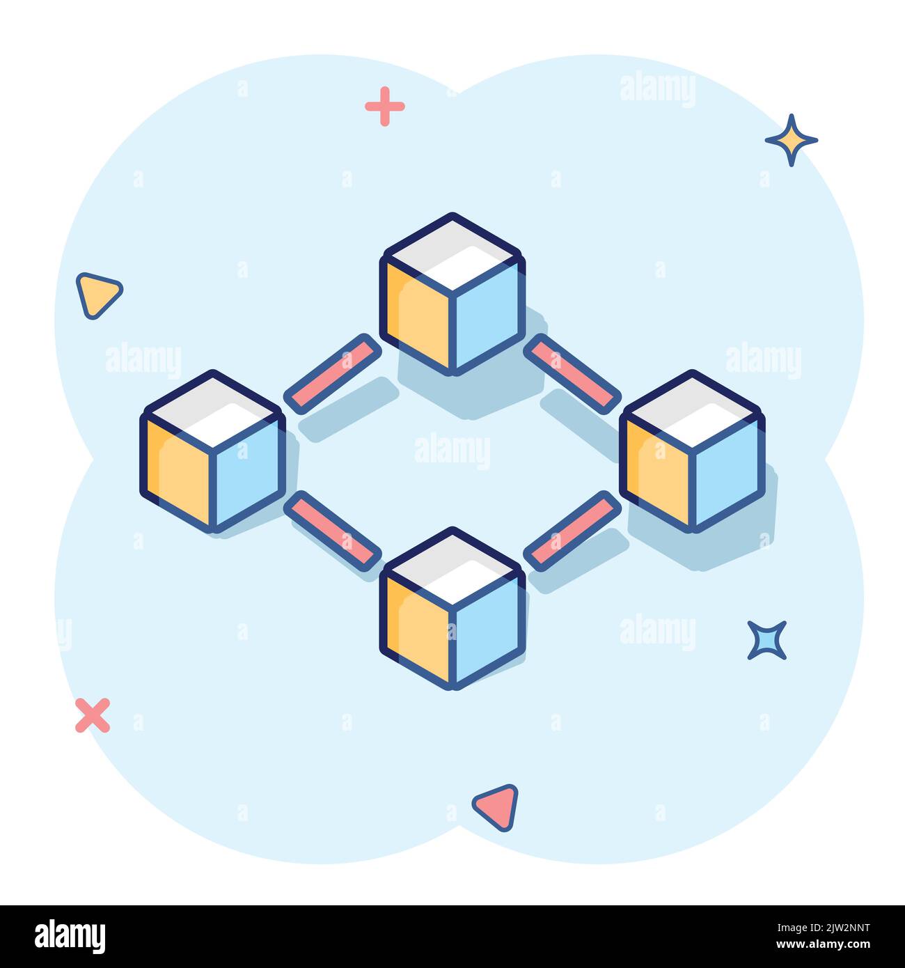 Vector cartoon blockchain technology icon in comic style. Cryptography cube block concept