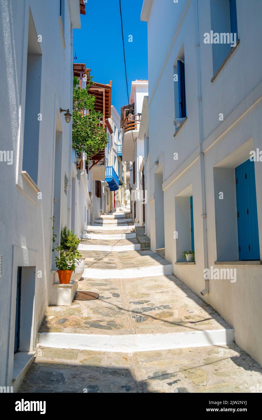 View of narrow whitewashed street, Skopelos Town, Skopelos Island, Sporades Islands, Greek Islands, Greece, Europe Stock Photo