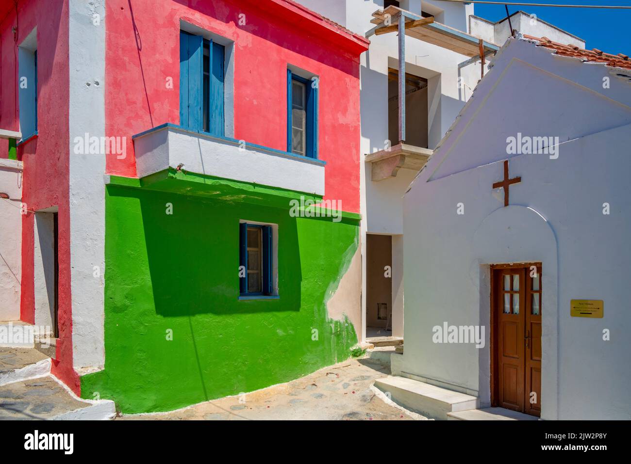 View of colourful houses, Skopelos Town, Skopelos Island, Sporades Islands, Greek Islands, Greece, Europe Stock Photo