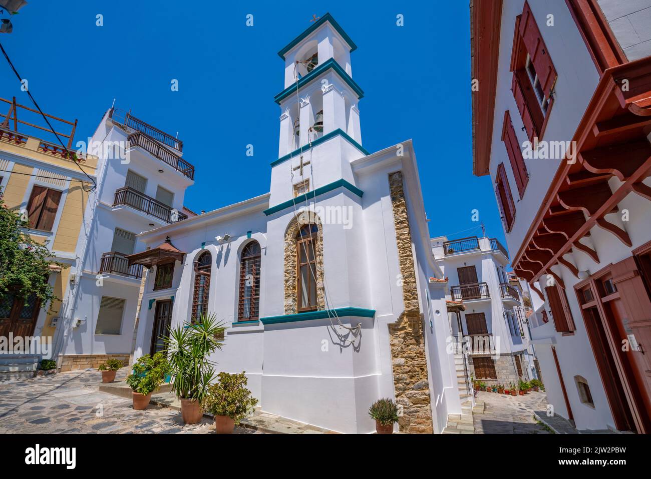 View of whitewashed church, Skopelos Town, Skopelos Island, Sporades Islands, Greek Islands, Greece, Europe Stock Photo