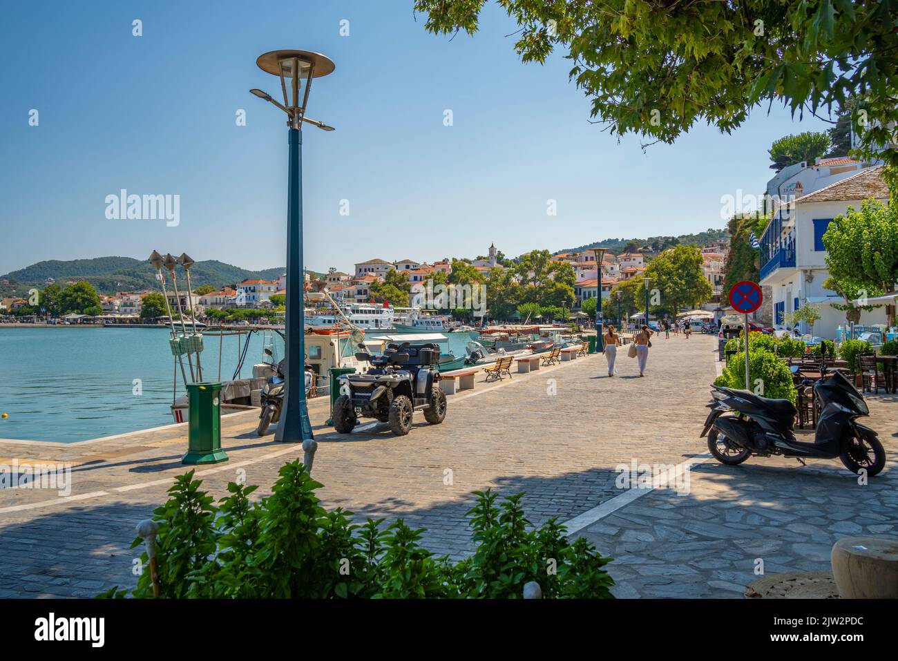 View of old town and promenade, Skopelos Town, Skopelos Island, Sporades Islands, Greek Islands, Greece, Europe Stock Photo