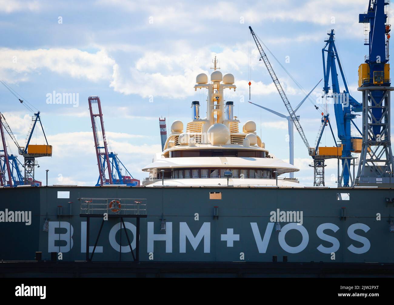 Hamburg, Germany. 01st Sep, 2022. The mega-yacht 'Dilbar' is moored at Blohm Voss Dock Elbe 17 in the Port of Hamburg. The ship, which is around 156 meters long, is said to belong to a Russian oligarch. Credit: Christian Charisius/dpa/Alamy Live News Stock Photo