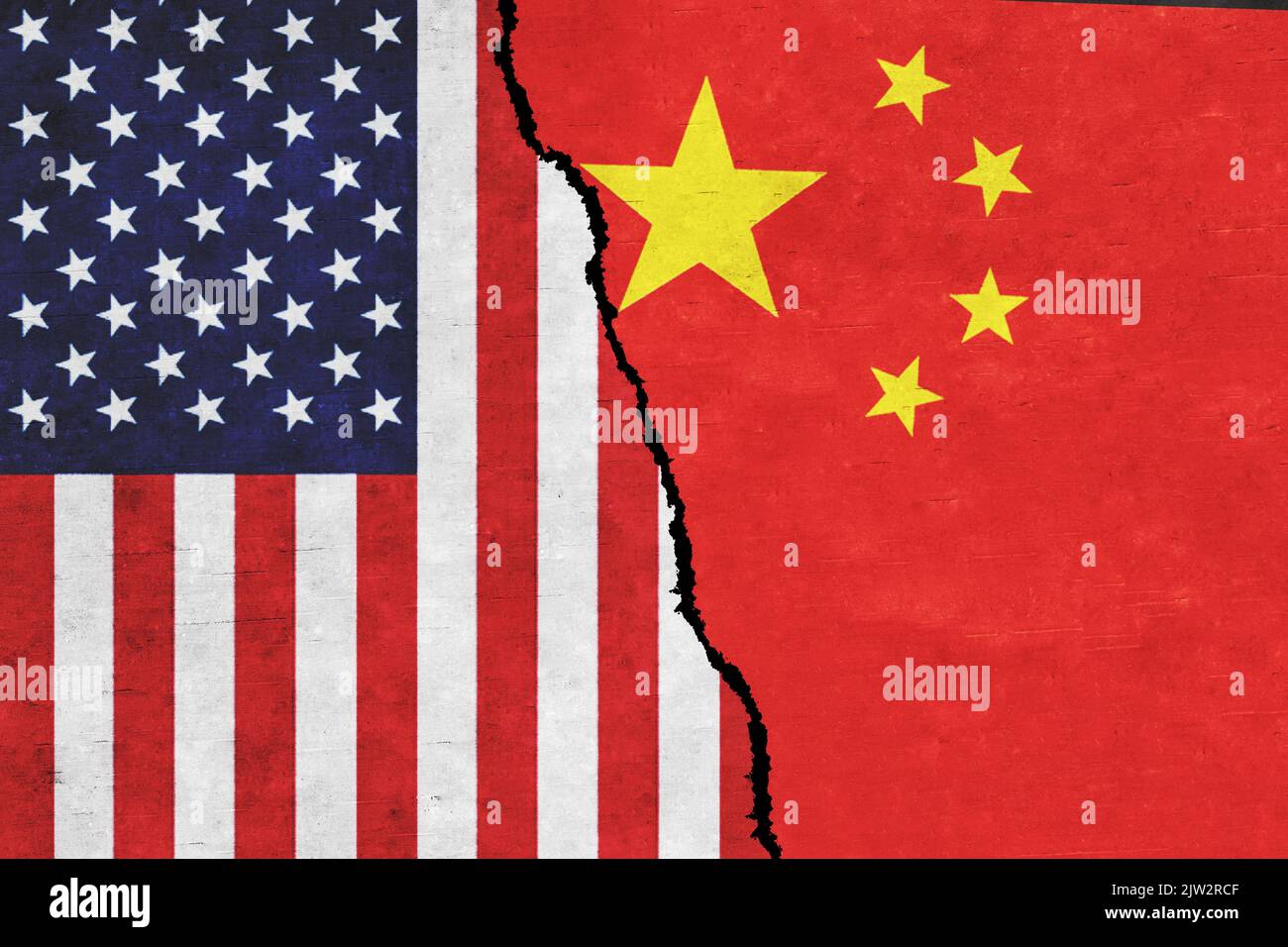 Usa And China Painted Flags On A Wall With A Crack Usa And China Usa And China Painted Flags On A Wall With A Crack Usa And China